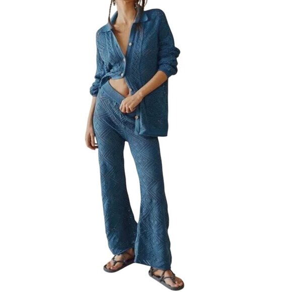 Free People Pants - Free People Beach Med Get Away Fauxchet Cardi & Pant 2 Piece Set Peacock Plume